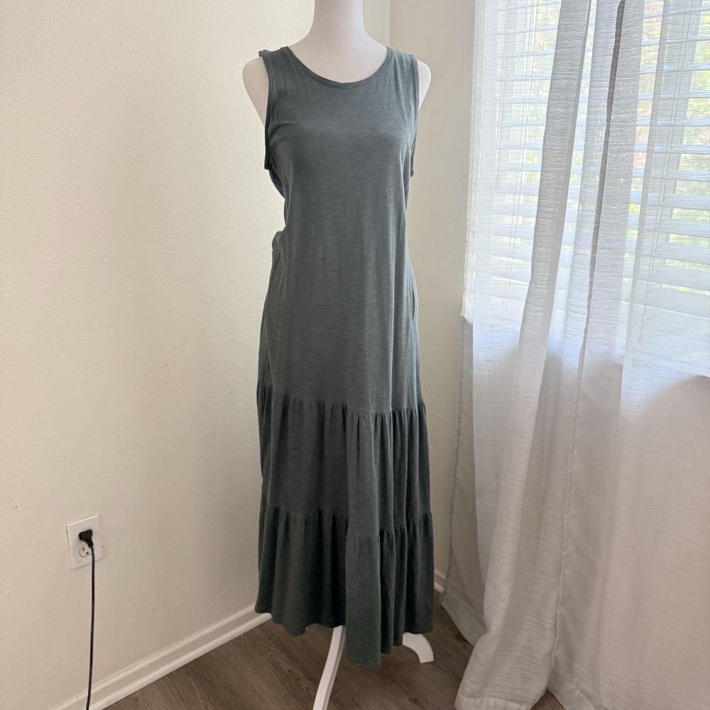 J.Jill Dress Small Petite Sleeveless Tiered A-Line Green Maxi Minimal Boho